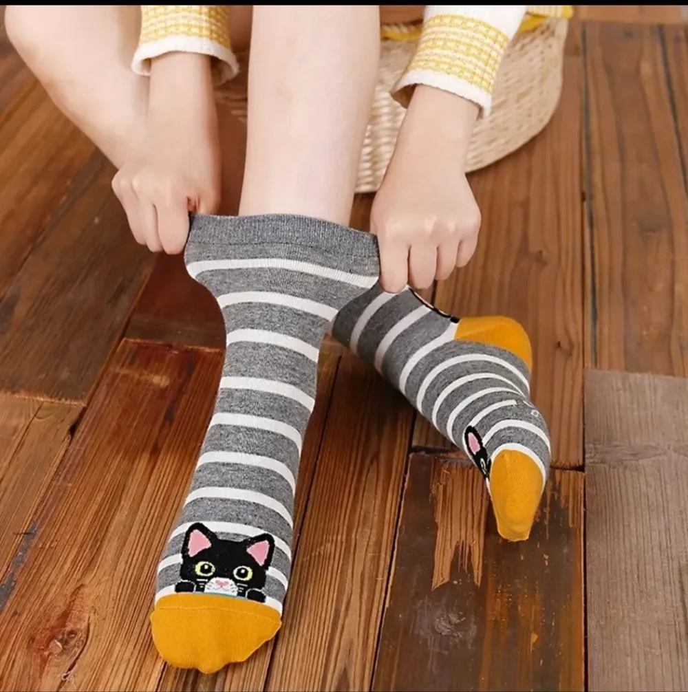 Cat-Themed Striped and Polka Dot Socks Set, 5 pair
